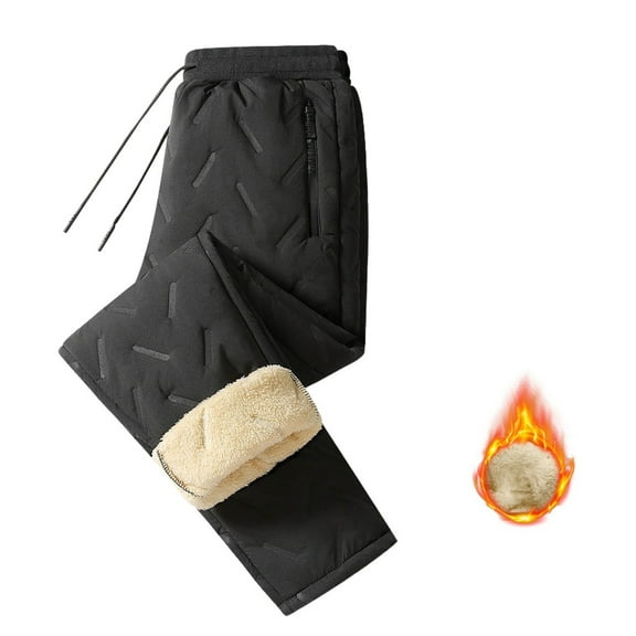 Unisex Winter Windproof Fleece Lined Pants, Water-resistant Sherpa Lined Thermal Pants with Zippered Side Pockets for Outdoor Sports, Skiing and Casual Winter Wear Black L