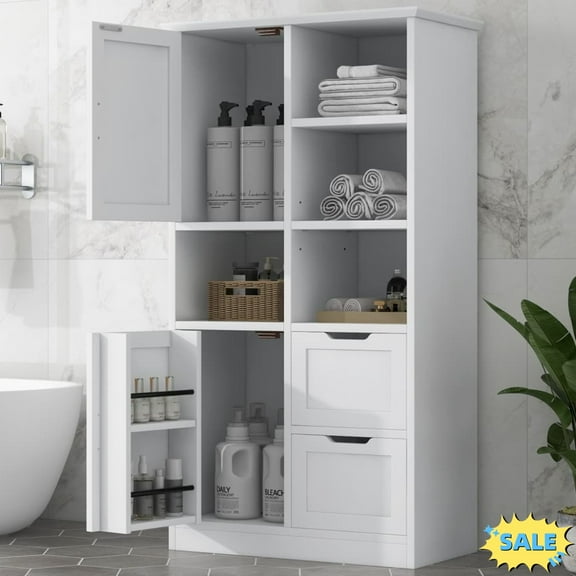 Tcbosik Large Storage Cabinet, 62"H Bathroom Cabinet with Adjustable Shelf and 2 Drawers, Freestanding Linen Cabinet with Door Rack for Living Room, Entryway, Kitchen, White