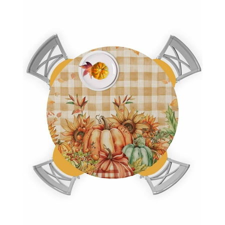 

Round Tablecloth with Elastic Fall Thanksgiving Pumpkin Sunflower Leaf Yellow Plaid Linen Waterproof Stain-proof Table Cover Wipeable Fitted Table Cloths for 36 -44 Round Tables Dining Kitchen