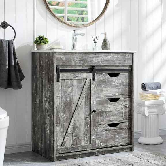 30" Farmhouse Bathroom Vanity with Sink, Freestanding Bathroom Storage Vanity Cabinet w/Sliding Barn Door & 3 Drawers, Adjustable Shelves, Light Grey