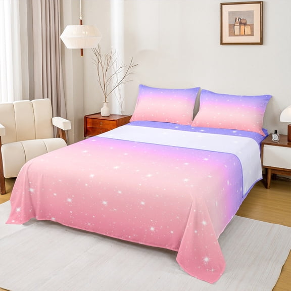Castle Fairy Starry Sky Twin Sheet Sets 3pcs for Boys Girls,Dreamy Princess Twin Fitted Sheet Microfiber,Gradient Pink Purple Breathable Flat Sheet,Luxury Bedroom Decor
