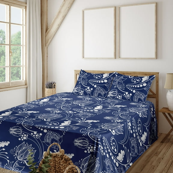 Ambesonne Oriental Flowers Fitted & Flat Sheet with Shams 4 Pcs Set, Chinese Floral, King, Dark Lavender White