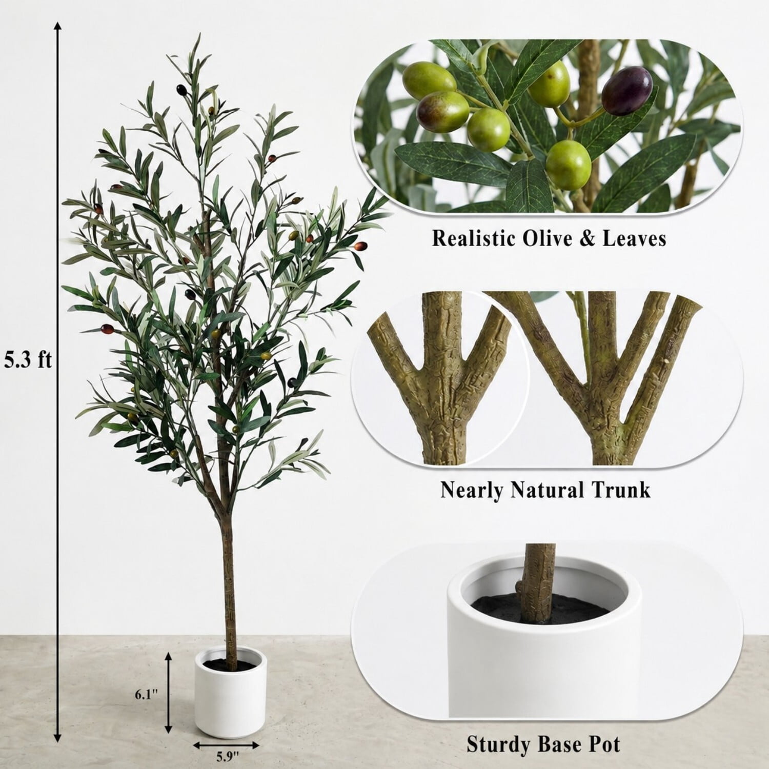Easy4Home 5.3FT Artificial Olive Tree with Lifelike Fruits Fake Olive Plant Potted Indoor Faux Floor Plant for Home Office Decor, White Pot
