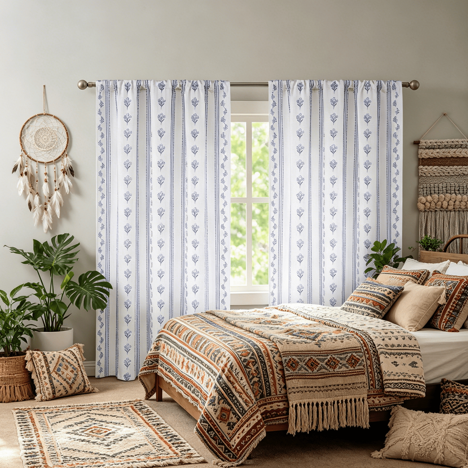 Invoibler Floral Print Curtain Panels, Light Filtering Window Drapes for Bedroom and Living Room, Blue, 52" W x 63" L, Set of 2