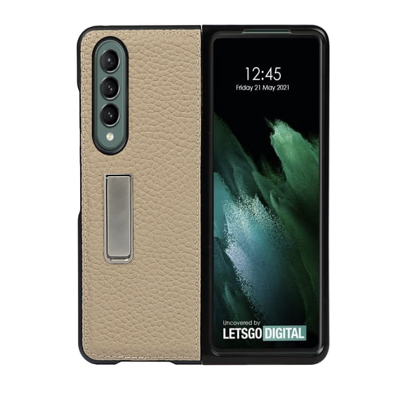 Galaxy Z Fold 3 5G Case, TECHCIRCLE Luxury Premium Genuine Leather Basic Protective Phone Case with Kickstand for Samsung Galaxy Z Fold 3 5G, Gold