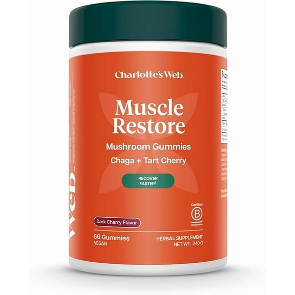 Charlotte's Web Muscle Restore Mushroom Gummies w/Chaga, Tart Cherry — Muscle Recovery Gummies for Adults — Dak Cherry Flavor