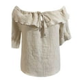 thumbnail image 5 of iHengLiXing Boat Neck Off Shoulder Tops for Women Women Fashion Ruffled Loose Color Short Sleeved Off Shoulder Casual Tops Beige XXL, 5 of 7