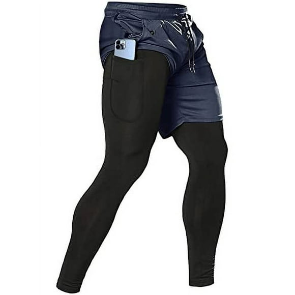Mens 2 in 1 Running Pants, gym Workout compression Pants for Men Training Athletic Pants Navyblue