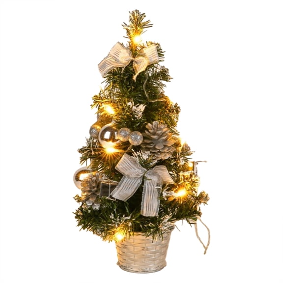BNNG 15.7 Inch Mini Christmas Tree, Small Artificial Christmas Tree with LED String Lights, Hanging Ornaments, Tabletop Christmas Tree with Lights for Holiday DIY Christmas Decorations