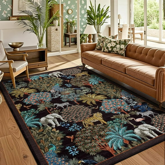 Jungle Print 5x7 Area Rugs,Washable Area Rugs for Living Room,Ultra-Thin Non-Slip Modern Rug,Stain Resistant Rug Carpet for Playroom Nursery Dining Room