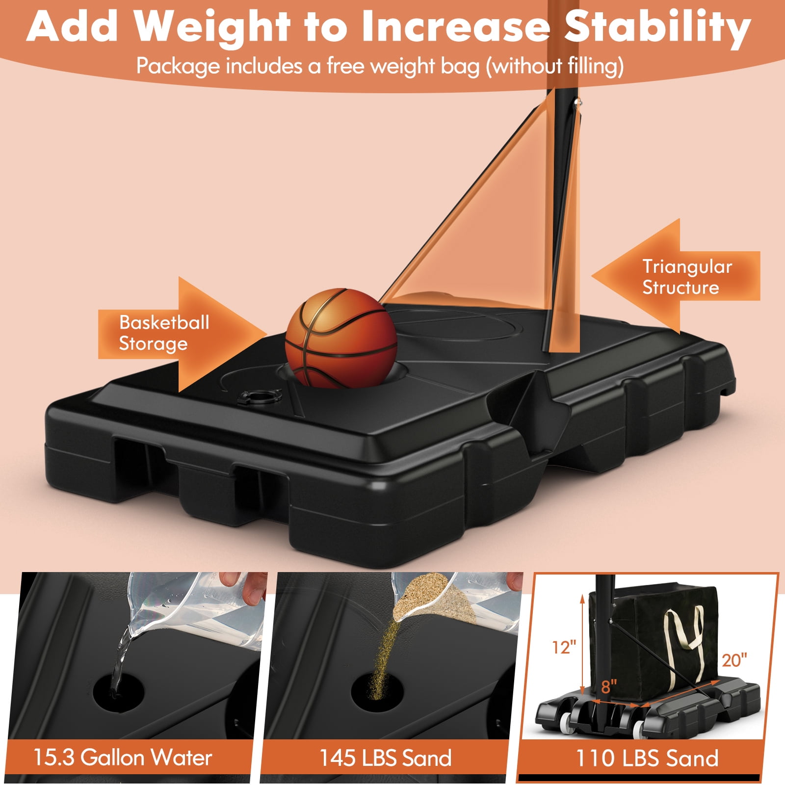 Topbuy Portable Basketball Hoop 8-10FT Height Adjustable Basketball Hoop System w/ 44" Backboard Fillable Base