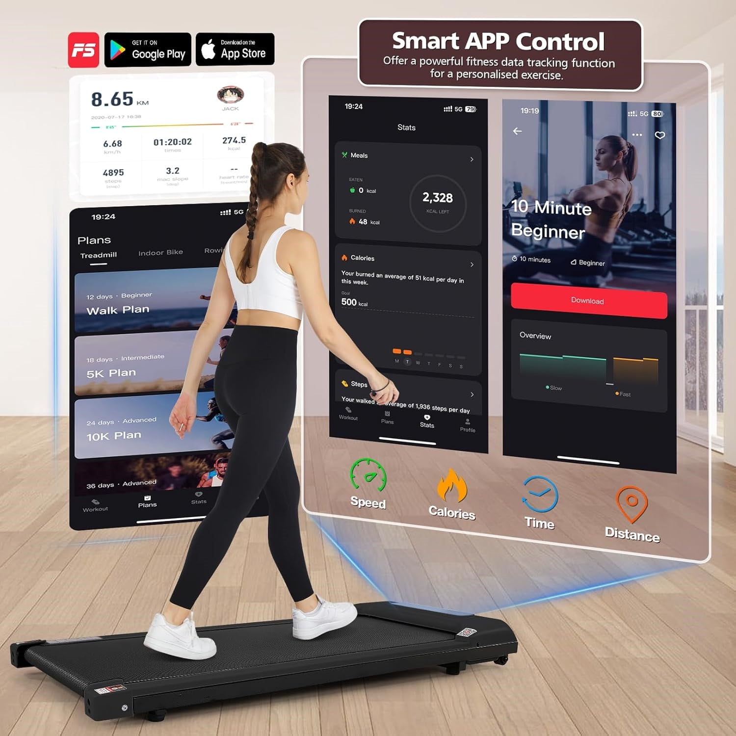 Tikmboex 2.5HP Walking Pad Treadmill with Smart App Remote Control and LED Display, Electric Jogging Running Machine for Home Office Use, Black