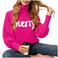 thumbnail image 4 of zaveiop Women Merry Sweaters Turtleneck Long Sleeve Letter Embroidery Loose Knitted Pullover Merry Christmas Sweater (Hot Pink, L), 4 of 9