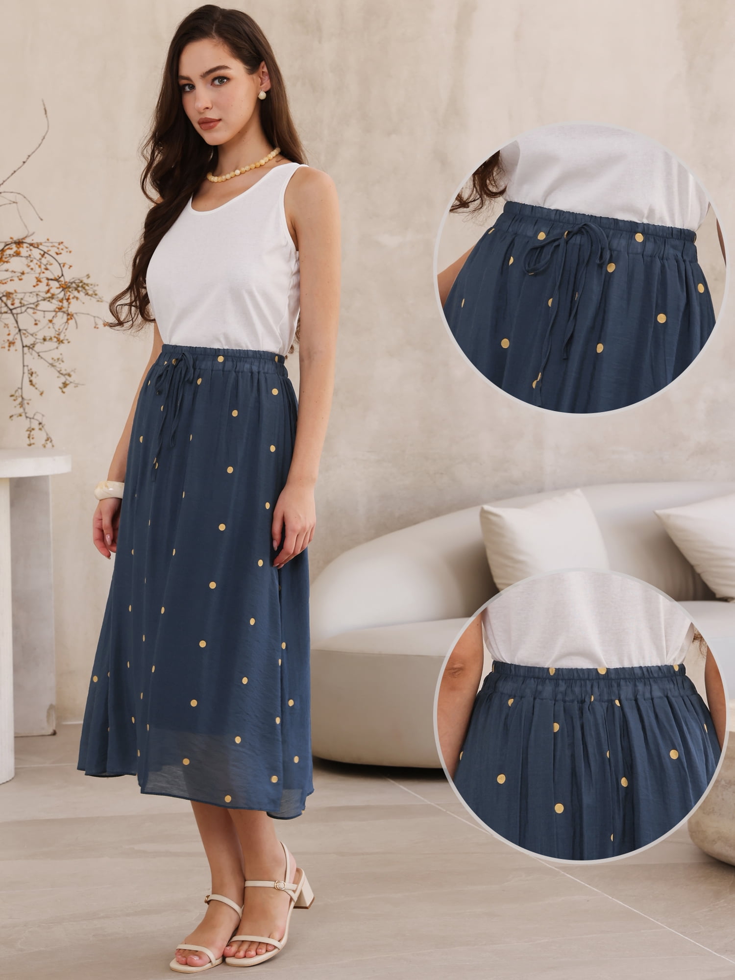 DARING DIVA Women's Elastic Waist Polka Dots Midi Skirts Medium Dark Blue