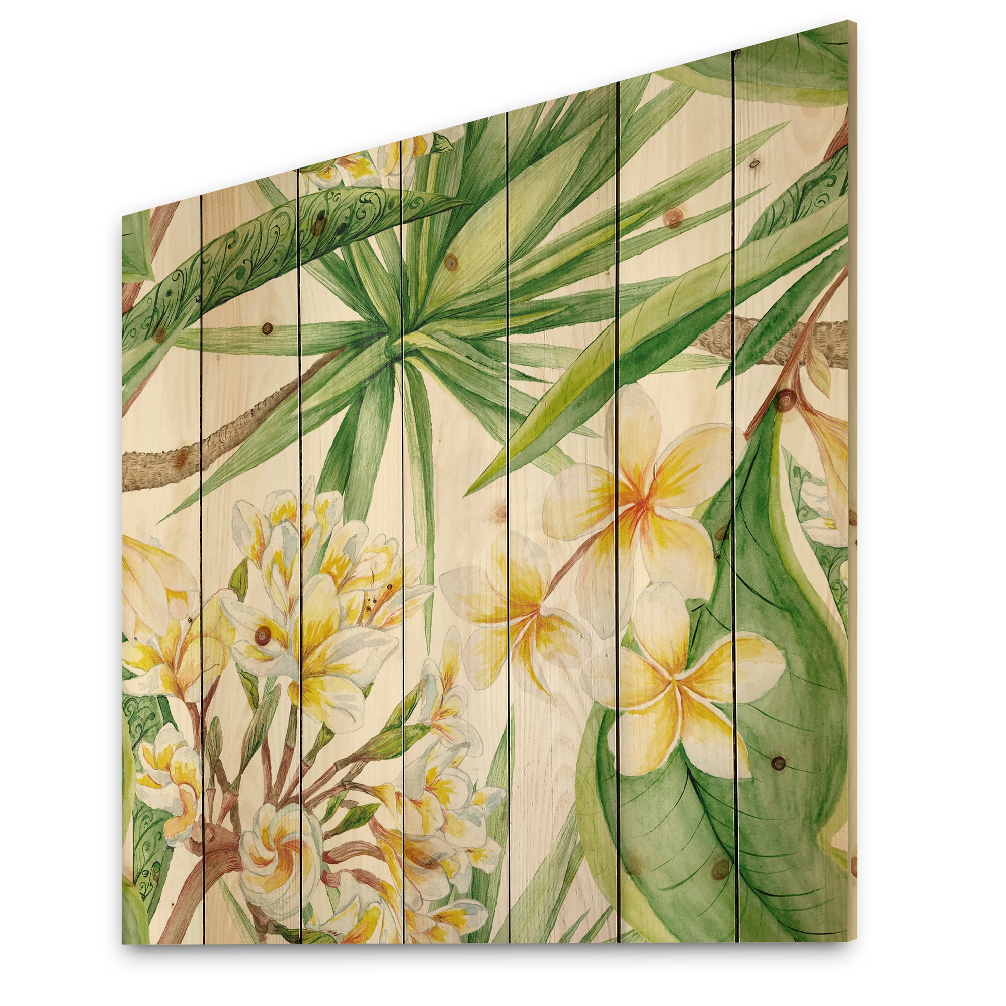 Designart 'Yellow Flowers and Tropical Foliage I' Modern Print on Natural Pine Wood