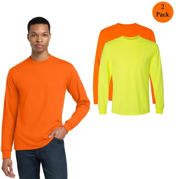 Gildan DryBlend 50/50 Long Sleeve T-Shirt, Men's Hi-Vis Safety Green and Orange Workwear 2-Pack, S