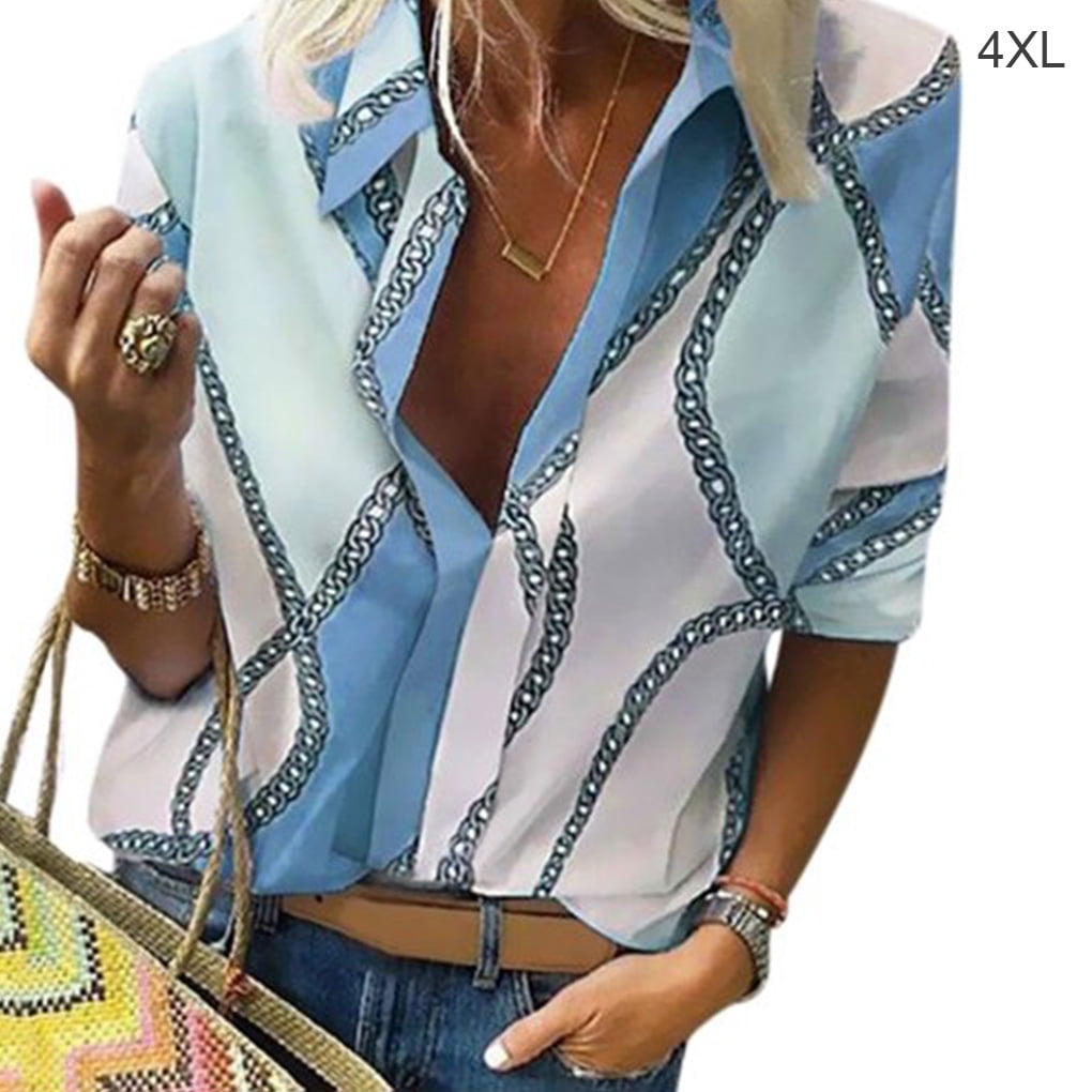 Blouse Col Rond Imprime Chemise Femme Blouse V Blouse de Travail a Manches Longues Top Femme Bleu 4XL