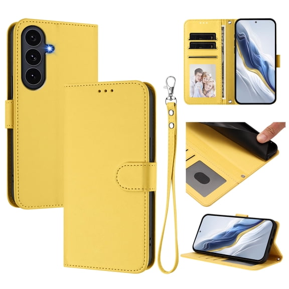 Allytechgroup for Samsung Galaxy S25 FE Flip Case, Slim Fit Shockproof Cover with Credit Card Slot, RFID Blocking Card Pocket Lanyard Shock-Absorbent Protective Bumper for Women Girls, Yellow
