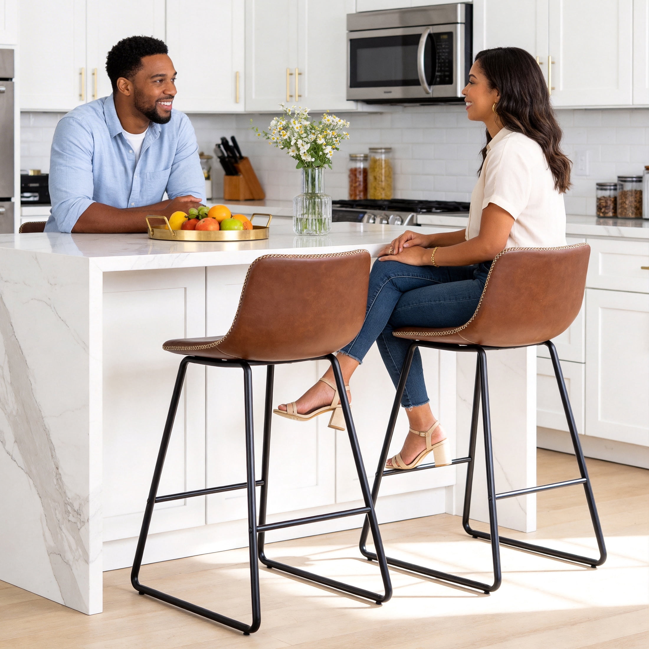 FIRAVOE Bar Stools Set of 3, 30 Inch Counter Height Bar Stools with Back, Faux Leather Modern Barstools High Bar Stools Chairs for Kitchen Island, Brown