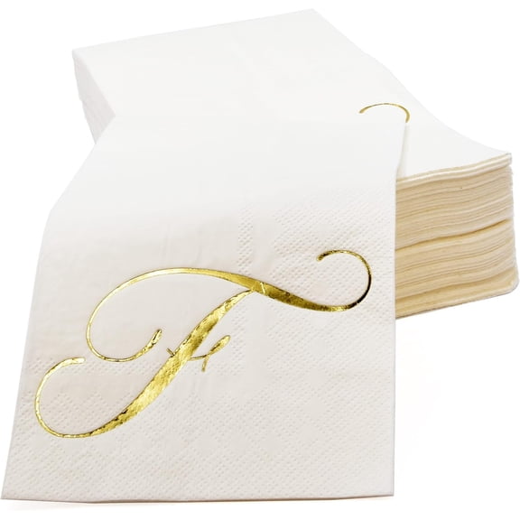 Gift Boutique Monogram Guest Napkins Letter F Gold Foil Disposable Paper 3-Ply 100 Count 15 x 12.75 Inch White Dinner Party Bathroom Wedding Decor