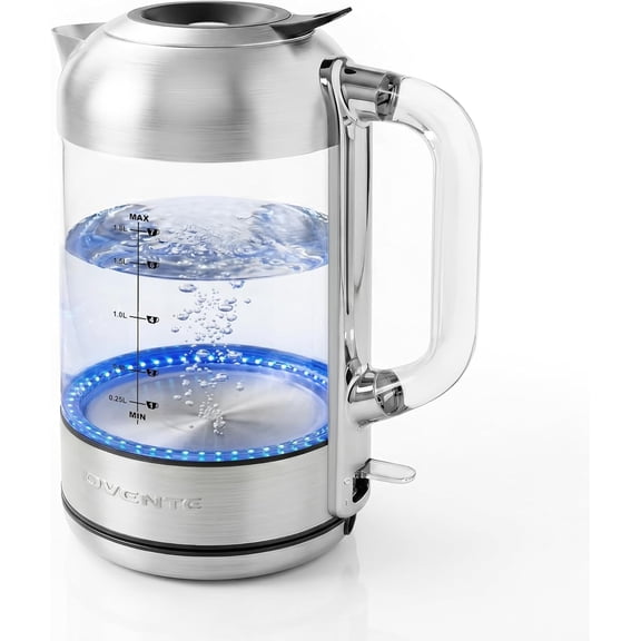 OVENTE Electric Kettle, 1.8L Glass Kettle Stainless Steel Base Water Boiler Electric with Acrylic Handle, 1500W Fast Boil Electric Kettle, Easy Fill Lid, Auto Shut-Off, Silver KG921S