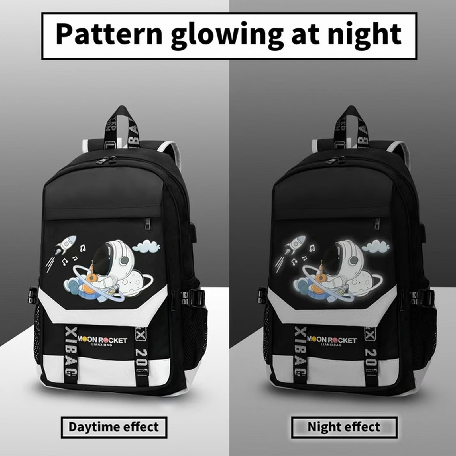 Lvelia Boys School Backpacks for Kids, Fashion Large Capacity School Bag,Waterproof Bookbags with USB Charge Port,Spaceman Printed Black