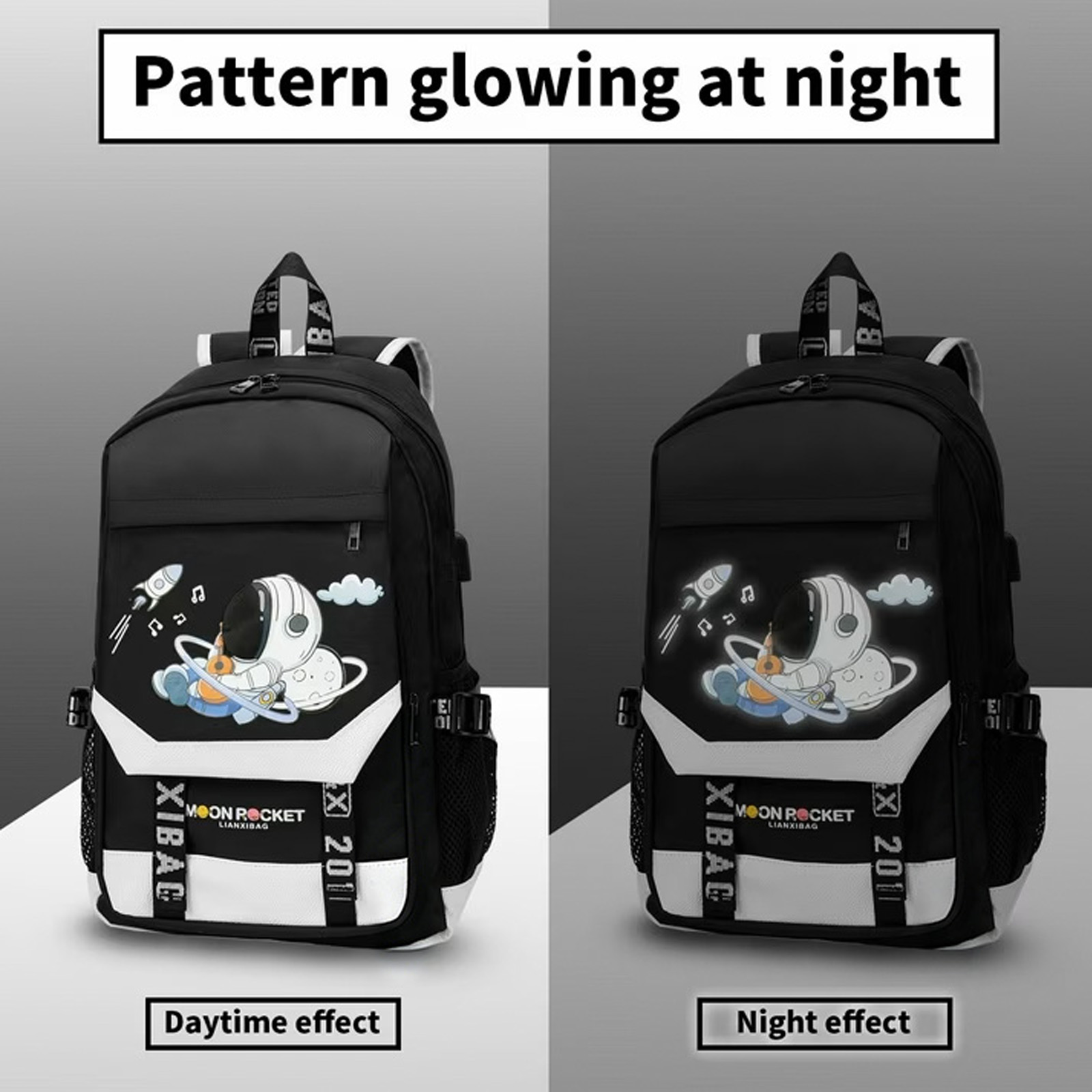 Mochilas escolares para niños, bolso escolar de moda de gran capacidad, impermeable con puerto de carga USB, estampado de astronauta en negro 3