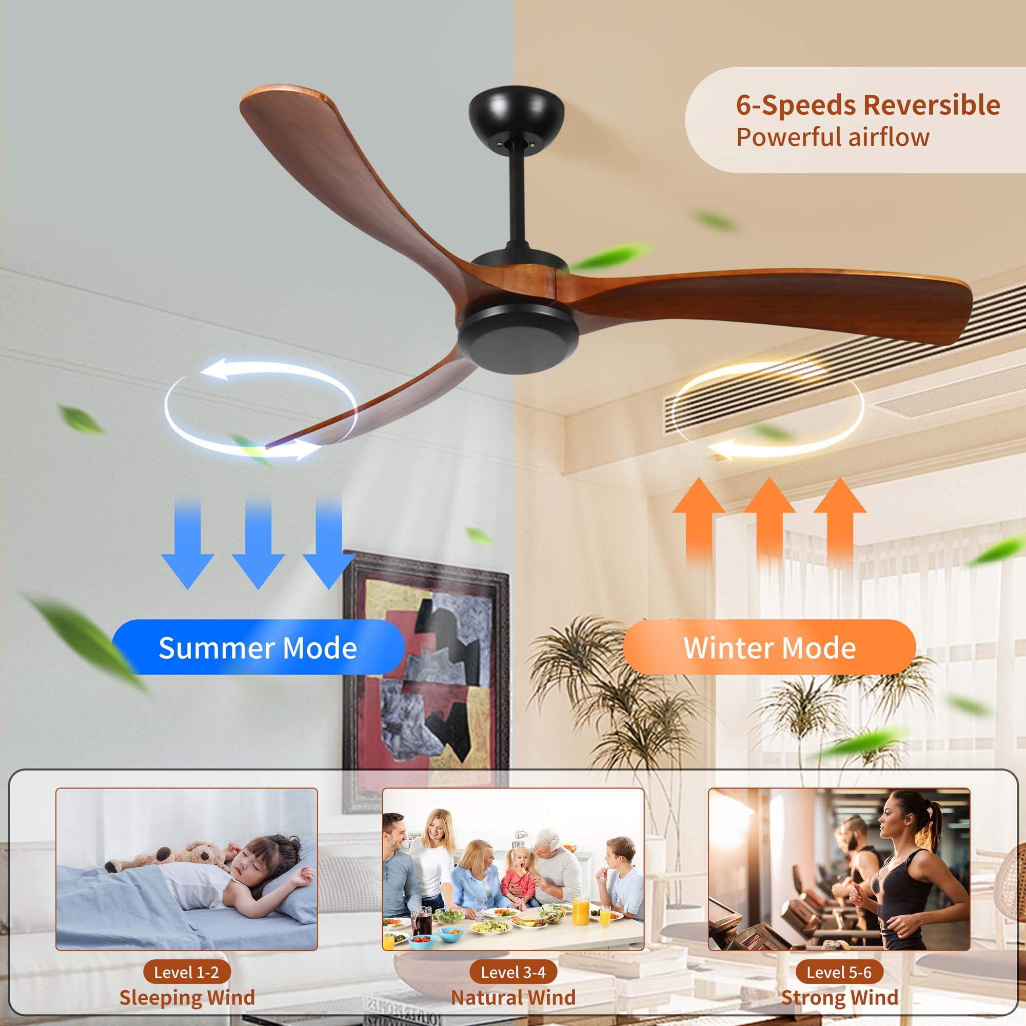 Miniyam 72 inch Wood Ceiling Fan No light with Remote Control, Low Profile Ceiling Fan without Light, Noiseless Reversible DC Motor with Timer
