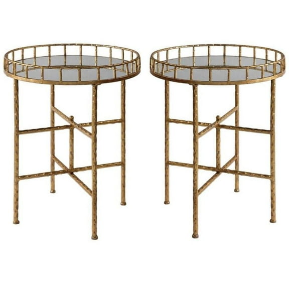 Home Square 20" Round Mirror Top Accent End Table in Bright Gold - Set of 2