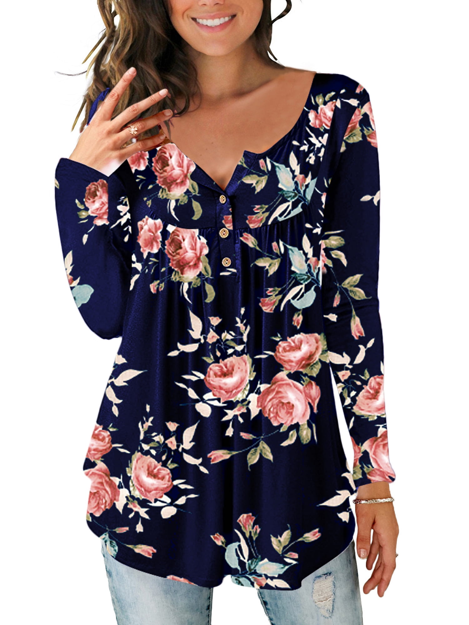 Women Floral Print Long Sleeve Tunic Tops Ladies V Neck Casual Blouse ...