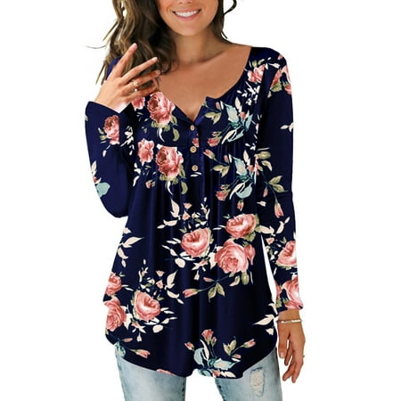 Women Floral Print Long Sleeve Tunic Tops Ladies V Neck Casual Blouse ...