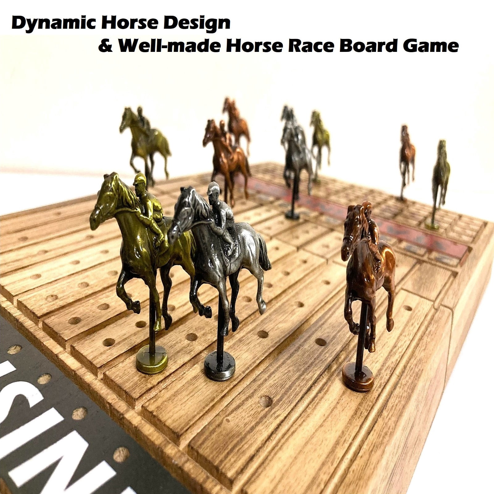 FINENI Horse Racing Game for Adults, Horse Race Board Game with 11 Antique Matt Metal Horses(Bronze, Brass, Silver), 19” Foldable Wood Horse Race Game Board, Dice & Card Included