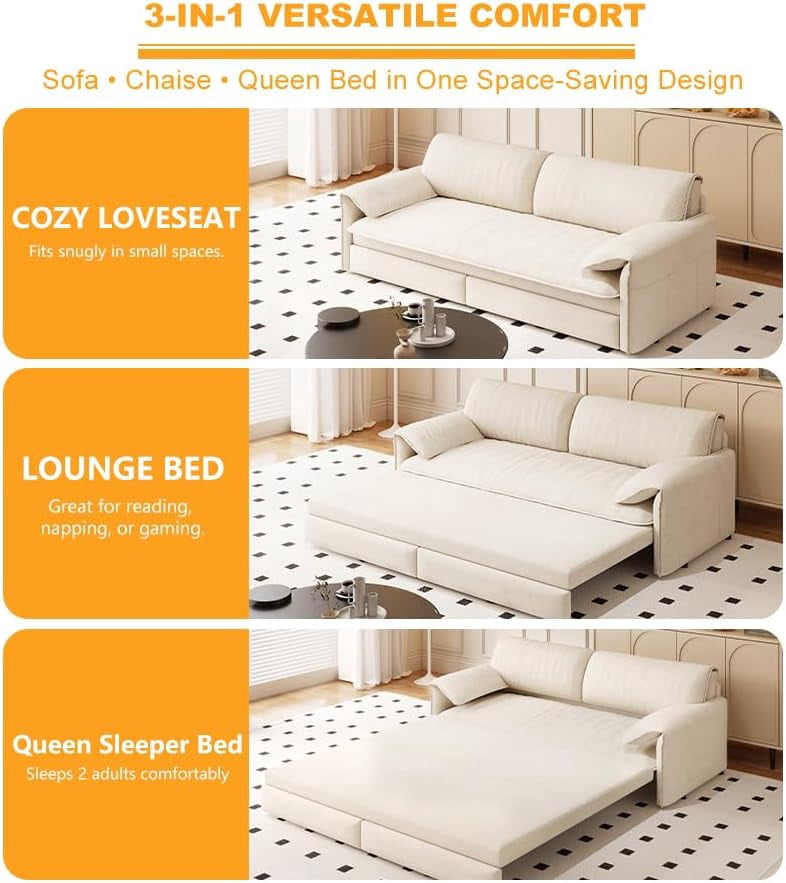 66" Futon Sofa Bed Queen Size, Pull Out Bed, 3-in-1 Convertible Sleeper Sofa with Side Pocket, Modern Velvet Futon Couch for Living Room, Small Space, Apartment, Bedroom, Beige