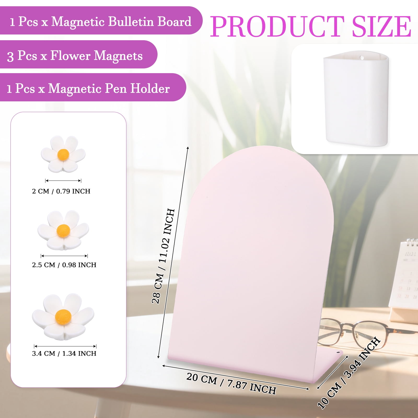 Uxcell Magnetic Bulletin Board, Memo Magnet Display Stand Board with 3 Flower Magnets & Pen Holder for Home Office, Pink/White