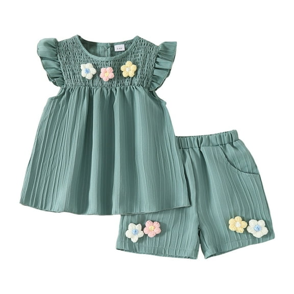 XZNPDUCQ Baby Girl Clothes Toddler Girl Summer Outfits Shirts Tops Ripped Denim Shorts Set Little Girl Clothes T-shirt Short Sets 3-4 Years Green