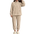 thumbnail image 5 of Womens Sherpa Fleece Pajamas Cozy Warm 2 Piece Fall Winter Outfits Soft Fluffy Loungewear Sets Mock Neck Zip Up Sweatshirt Jogger Pants with Pockets, Beige, M, 5 of 9