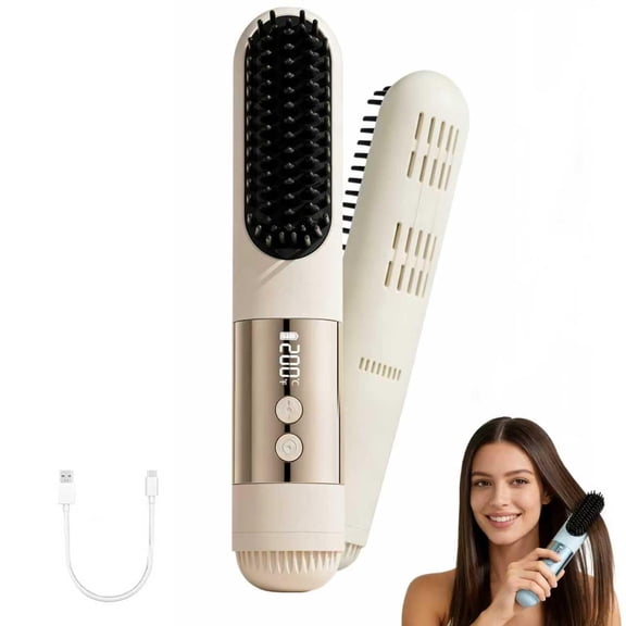 2026 Upgraded Go Brush Pro for Short Hair, 3 Heat Settings for All Hair Types, 30s Fast Heat, Ionic & Ceramic Care, Cold Air Mode, 2500mAh USB-C Rechargeable Straightening Brush (Beige)