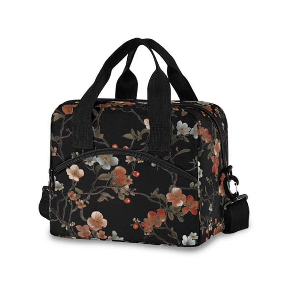 FORMRS Reusable Lunch Bag for Work School Leakproof Insulated Cooler with Adjustable Shoulder Strap, Black Flowers