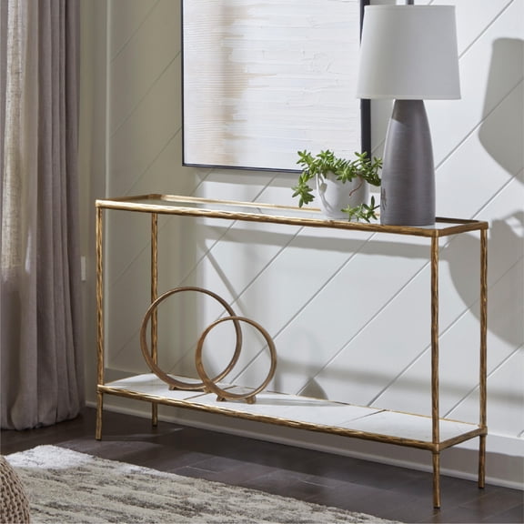 Signature Design by Ashley Ryandale Console Sofa Table, Antique Brass Finish with Glass Top & Marble Shelf