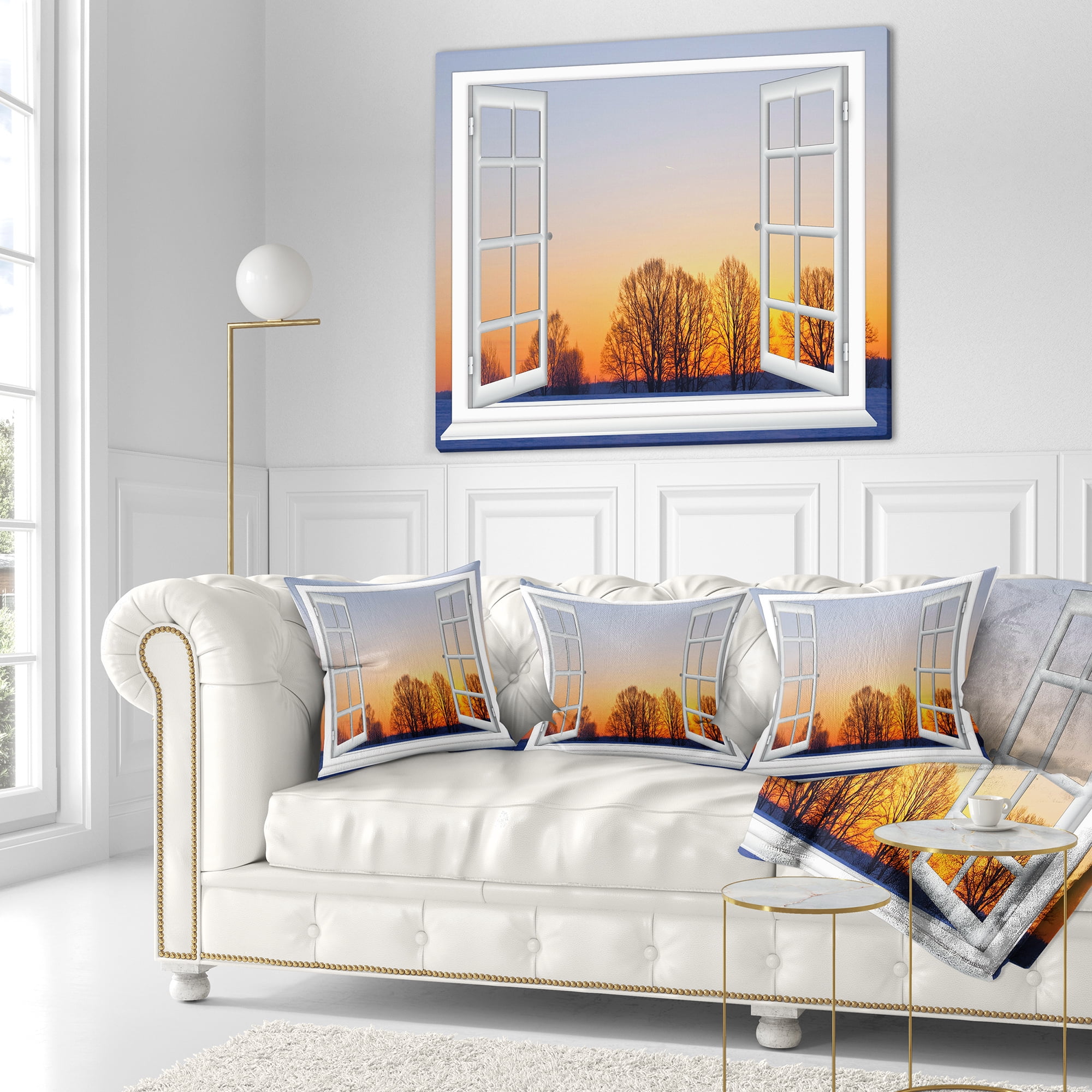 Designart Window to Sunset over the Snow - Landscape Wall Throw Pillow - 18x18