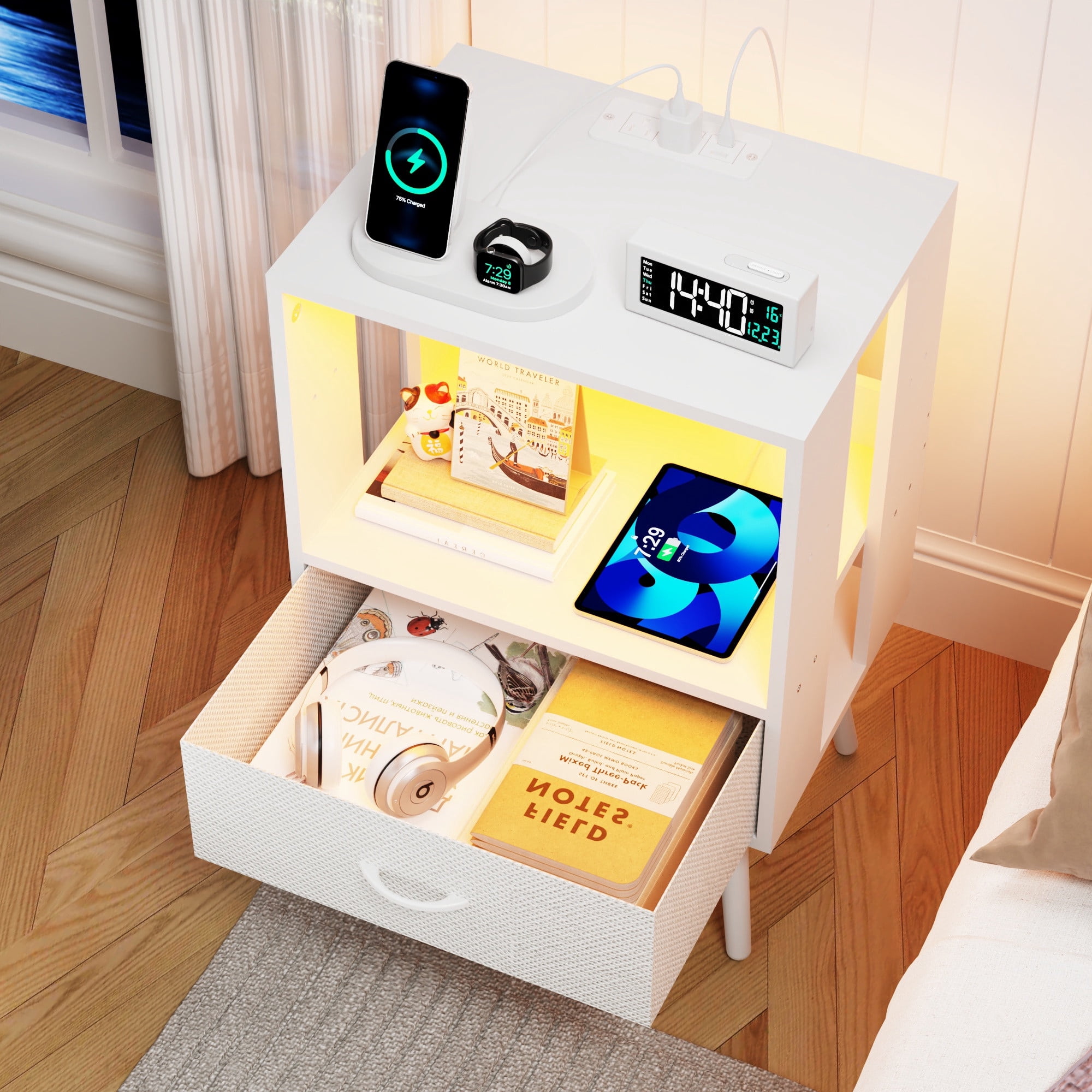 Nightstand Set of 2, Holaki Nightstand with Charging Station for Bedroom, Night Stand with LED Light & Fabric Drawers, Dresser Bedside Table for Living Room, White
