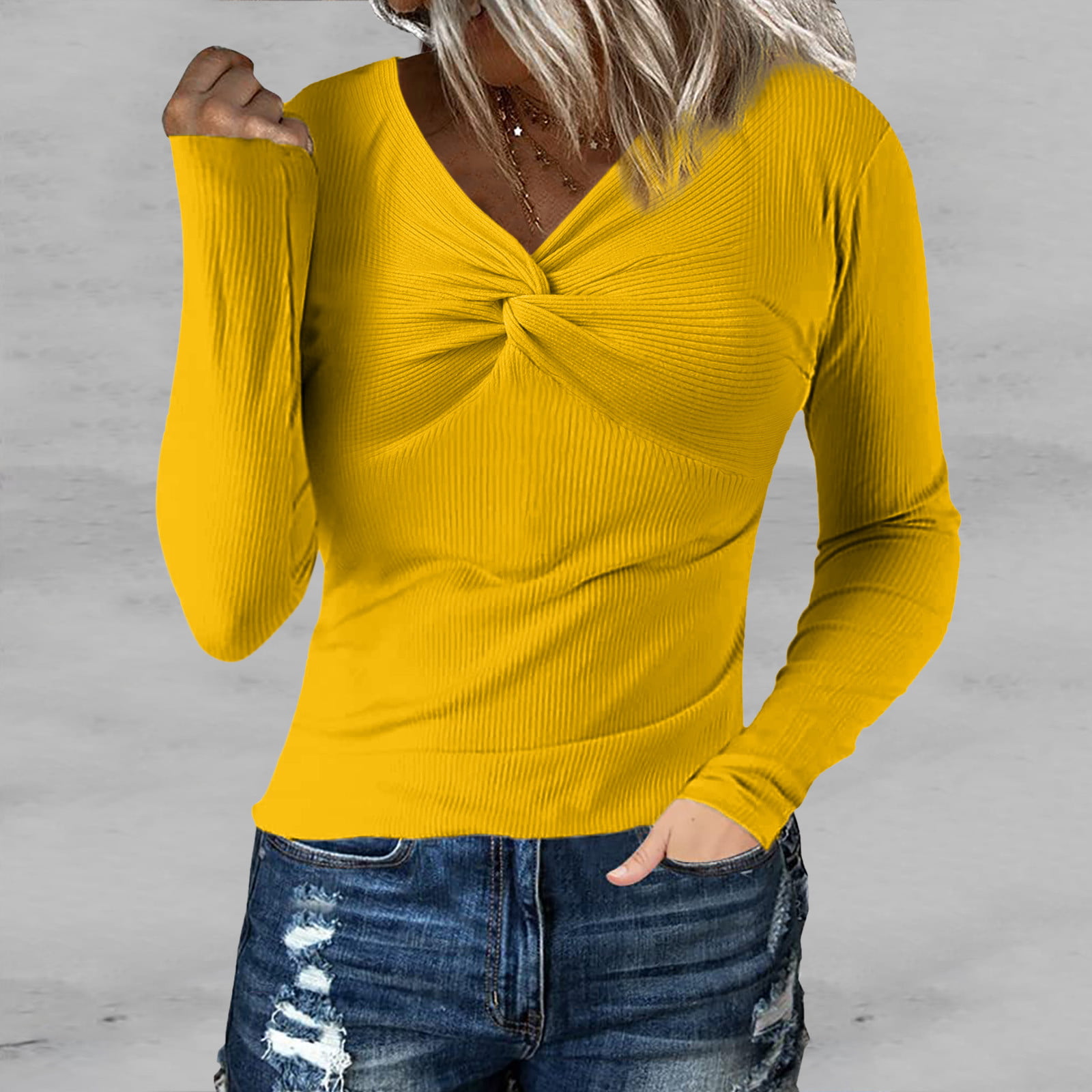 Entyinea Womens Tops Casual Long Sleeve Solid Slim Fit Tee Shirt Yellow S 