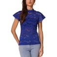 thumbnail image 1 of INSPIRAR CHIC Blusa de manga corta con cuello alto y abertura en la espalda para mujeres en el Día de San Valentín, semi transparente, XS, azul oscuro, 1 of 5