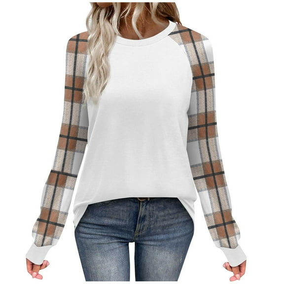 XUNKUSGA Womens Long Sleeve Shirts Fashion Casual Raglan Sleeve Plaid Women's Tops Trendy Lightweight Loose Tunic Outfits Clothes Classic Crewneck Basic Tees S-6XL Brown