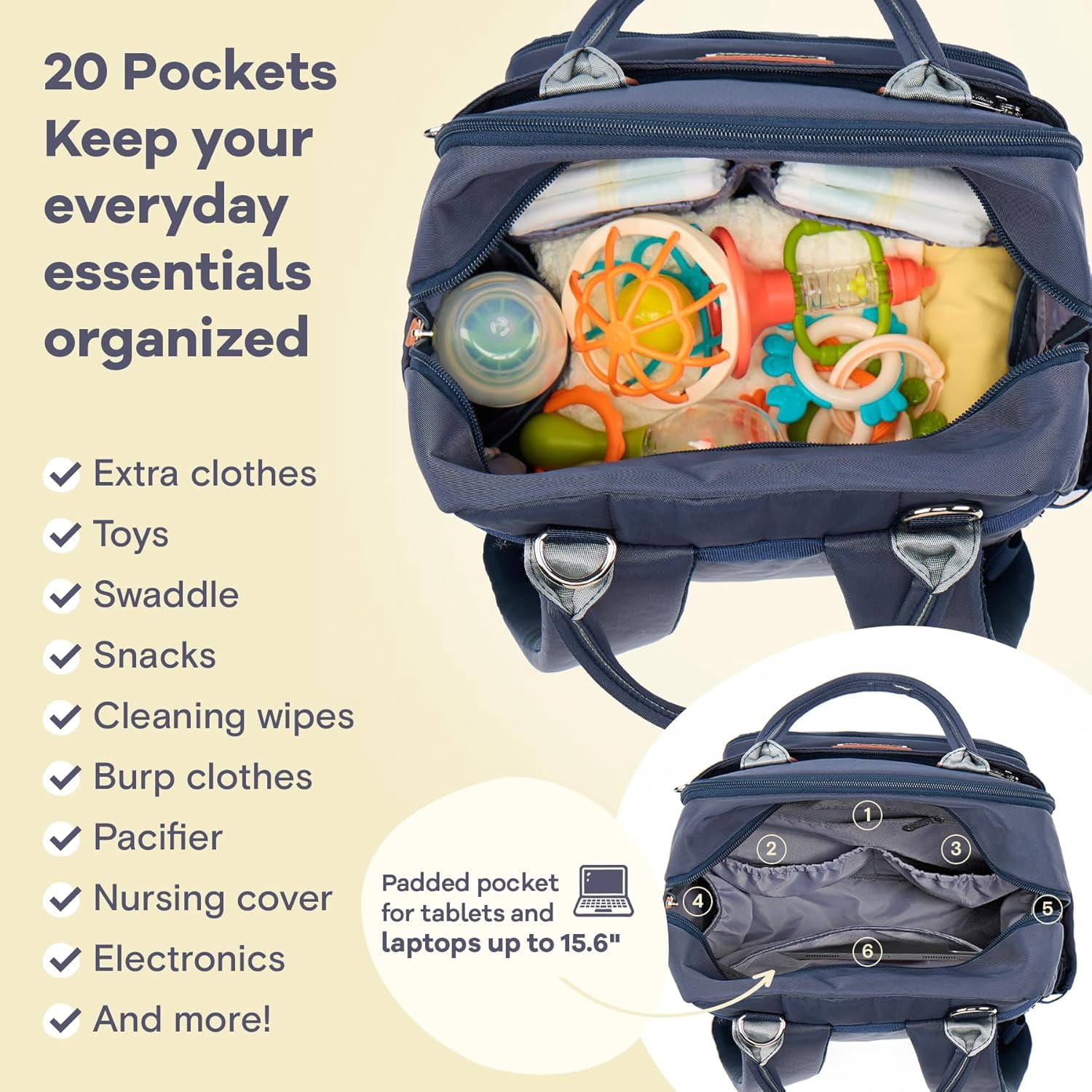 Ruvalino Baby Diaper Bag Backpack, Multifunction Waterproof Travel Bag with Insulated Bottle Holders, Durable Fabric and Changing Pad, Navy Blue