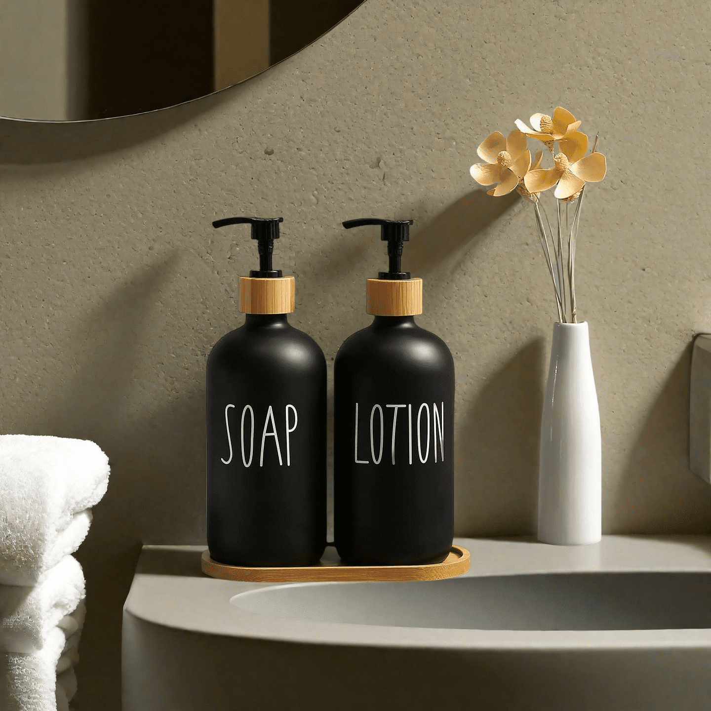 WOVTE Glass Lotion and  Soap Dispenser Set, Bathroom Soap Dispenser Set with Tray, Suitable for Bathroom Accessories, Housewarming Gift, Countertop Decor, Modern Bathroom Decor (Black, 16oz)