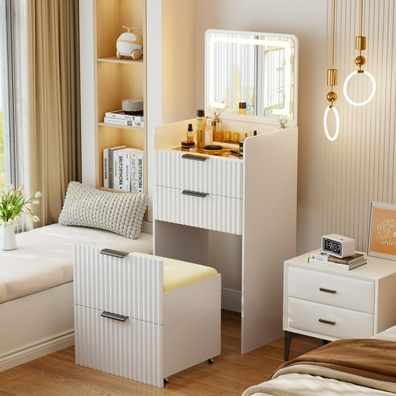 Gurexl Fluted Small Vanity Desk with Mirror and Lights, 3-in-1 Compact Makeup Vanity Set with Hidden Storage Stool, Mini Dressing Table with 3 Drawers, Gift for Little Girls/Kids (White)