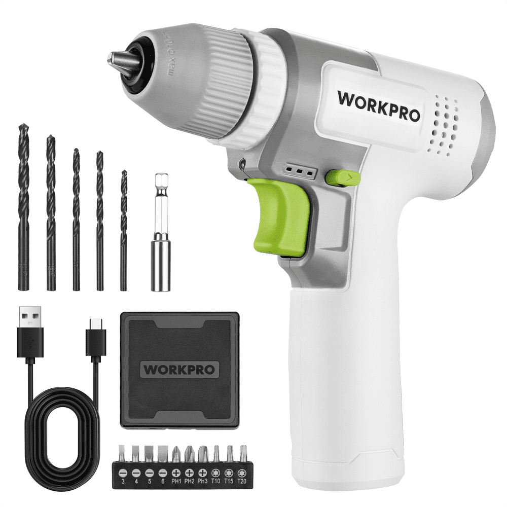 WORKPRO Cordless 8V Drill Driver Set, 2Ah Electric Power Drill with 3/8'' Keyless Chuck, 15pcs Bits & 1 Type-C Charging Cord for Drilling and Screwing,White