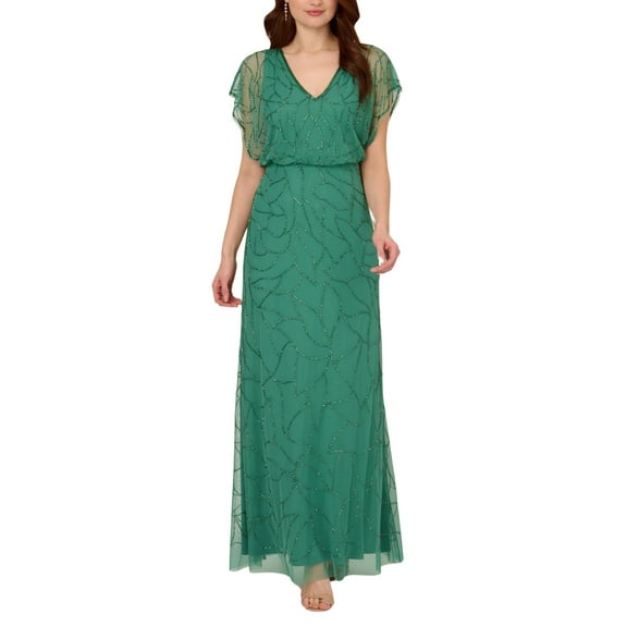 Adrianna Papell V-Neck Beaded Blouson Mermaid Gown with Short Sleeves (Plus Size) Color: JUNGLE GREEN, Size: 14W