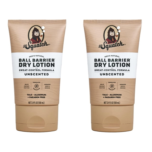 Dr. Squatch Ball Barrier Dry Lotion Loción en polvo corporal sin ensuciar para hombres hecha con ingredientes naturales, paquete de 2 sin perfume